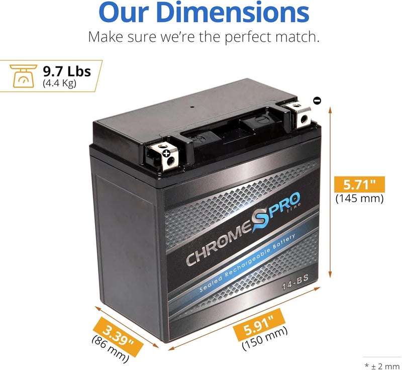 Chrome S Pro 14-BS Maintenance-Free, 200CCA, 12V 15Ah Battery Replacement for ATV, Motorcycle, Jet Skis, Scooter, UTV, and More - Nut and Bolt (T3) Terminal - Image 2